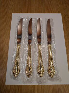 NEW Oneida Community GOLDEN BRAHMS Gold Electroplate Lot of 4 Dinner Knives 9"